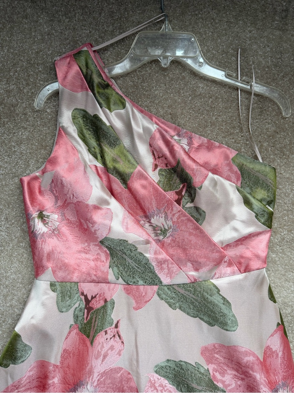 Alex Evenings One-Shoulder Pink/Peach Floral Dress with Green Leaves - Picture 13 of 16